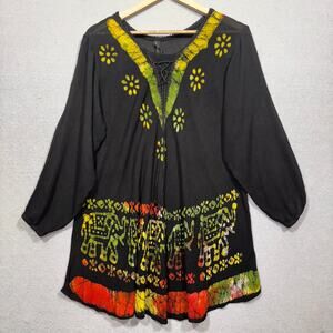 Sacred Threads Lace-Up Tunic OS One Size Flare Hem Boho Artsy Festival Statement